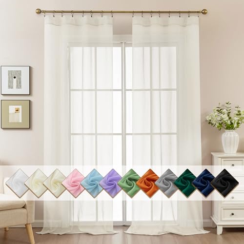 Image of Ivory Sheer Curtains 96 Inches Long, Privacy Semi Sheer Curtains for Living Room Bedroom, Light Filtering Rod Pocket Voile Window Drapes 2 Panels Set, Each 42 inch W x 96 inch L