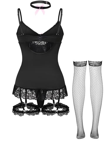 Lilosy Sexy Stocking Garter Belt Bows Floral Lace Babydoll Corset Push Up Teddy Lingerie Set with Panty Women Ruffle Boudoir Outfit Mesh Sheer Bodysuit See Through 5 Piece Black M - Thumbnail 6