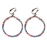 Women's Retro Clip on Non Pierced Earrings Sweet Double Round Circle Pendant Ethnic Seed Beads Dangl