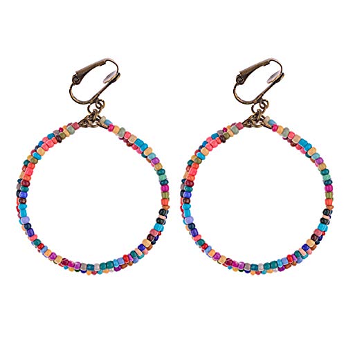 Women's Retro Clip On Non Pierced Earrings Sweet Double Round Circle Pendant Ethnic Seed Beads Dangle Multi Colored Beaded Drop For Women Girls Birthday Party Prom Gifts Bohemian Jewelry #TOP30