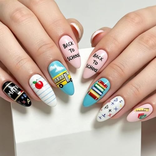 Back to School Press on Nails Medium Almond Fake Nails with School Bus Book Math Symbol Design Colorful Glossy False Nail Reusable Stick on Nails for Women Cute Cartoon Seasonal Gift 24Pcs