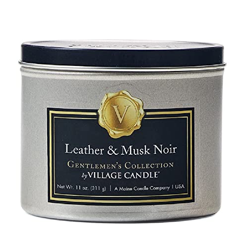 Village Candle Leather & Musk Noir Gentleman's Collection, 11 Ounce, Silver Tin with Black Lid