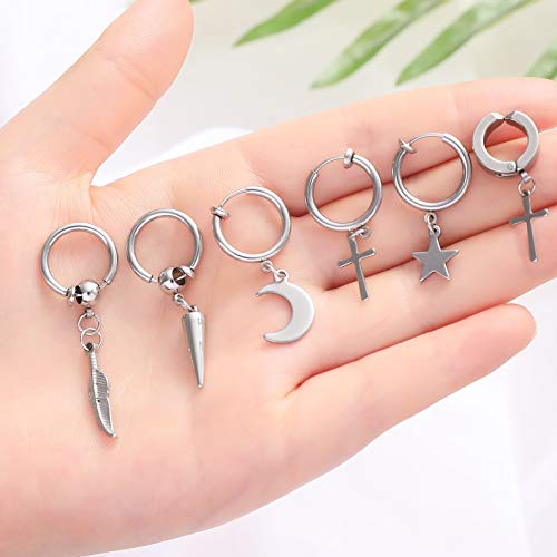 REVOLIA 16 Pieces Stainless Steel Hoop Dangle Earrings for Men Women Non-piercing Earrings Hinged Huggie Earrings Set Non-piercing - Thumbnail 4