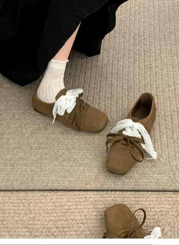 ZQW Women's Y2K Suede Square Closed Toe Lace Up Double Bows Flats Walking Casual Slip On Dressy Comfortable Ballerina Shoes4