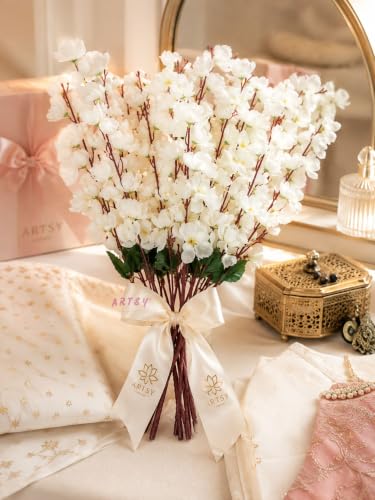Image of ARTSY Artificial Flowers for Home Decoration Cherry Blossom Flower Bunch, Without vase, Combo, Pack of Two Pieces (White-2)