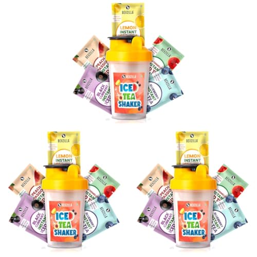 Image of Bevzilla Instant Ice Tea & Bottle Pack with 5 Flavoured Sachets| Black Currant, Watermelon, Blueberry, Peach Passion & Lemon | Leak Proof (Pack of 3)