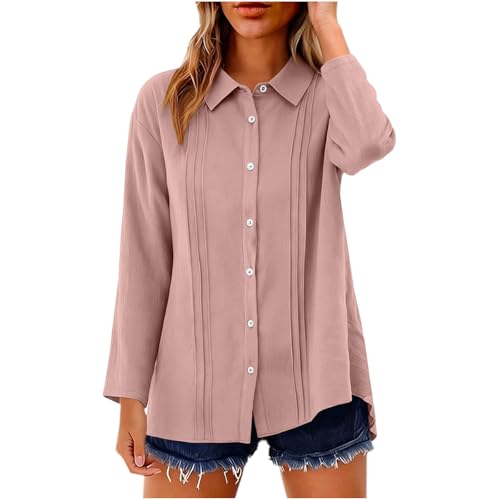 UHBYGV Womens Trendy Long Sleeve Tops Cotton Button Down Shirts Collared Pleated Casual Loose Fit Vacation Blouses Pink