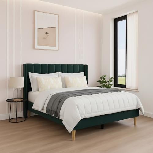 Image of Wooden Upholstered Bed King Size Without Storage | Wrought Iron King Size Cot with Headboard | Double Size Bed for Bedroom | Palang Furniture for Guest Room, Dark Green, (Dark Green)
