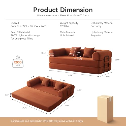 Image of Convertible Sleeper Sofa with 2 Pillow, Modern Corduroy Futon Bed, Modular Sofa with Pull-Out Bed, Love Seat Sleeper for Living Room, Small Space Apartment, Office