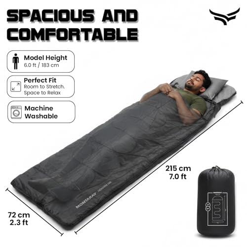 Image of Montaray by Xtrim Horizon 280 Sleeping Bag with Hood & Pillow, 280 GSM Polyester, Waterproof Camping Convertible Duvet, for Temp 12C to -3C