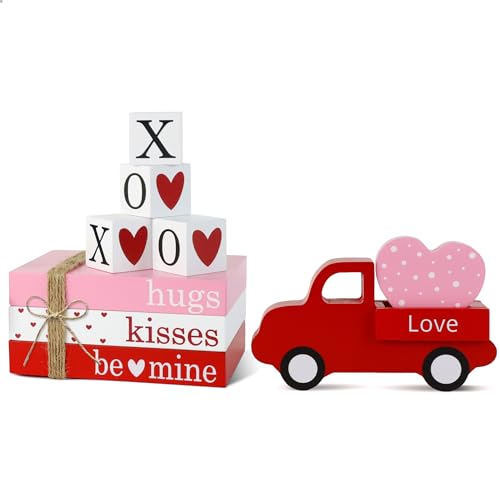 Valentines Day Decorations Wooden Sign, Valentines Wood Book Stack with 4 XOXO Signs & Red Truck & Pink Heart, Farmhouse Valentines Table Decor Centerpiece for Home Office Mantel Shelf Tiered Tray