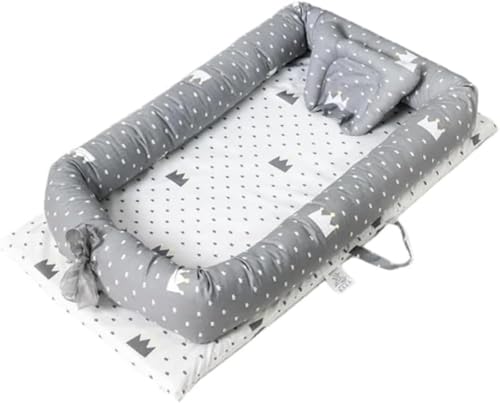 AZIEBAY ベビーベッド、純綿素材、快適、柔らかい、すぐに眠りに落ちる、折りたたみ可能、転倒防止、安全保護、通気性、洗濯可能、0?12ヶ月の赤ちゃんに適しています、枕付き