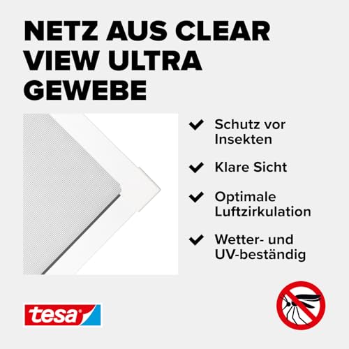tesa Insect Stop FALT Fenster - Faltbarer Alu-Rahmen - Fliegengitter mit verstellbarem Teleskoprahmen – Rahmen in Weiß - 80 cm x 80 cm bis 140 cm x 140 cm