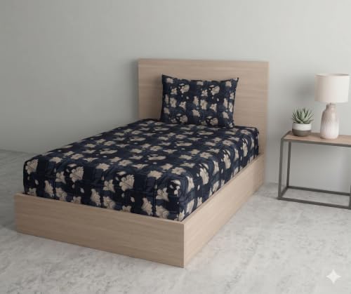 Image of DECOMIZER Cotton Feel All Around Elastic Fitted Glace Printed Single Bed Bedsheet with 1 Large Pillow Cover Fits Upto Mattress of 6 Inches,Size - 42 x 75 x 8 Inches, Dark Grey Lily