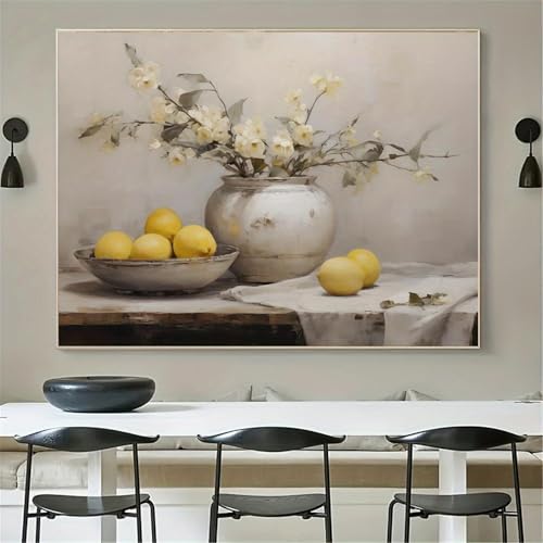 Impression sur toile grand format décoration murale salon fleurs citrons - 2