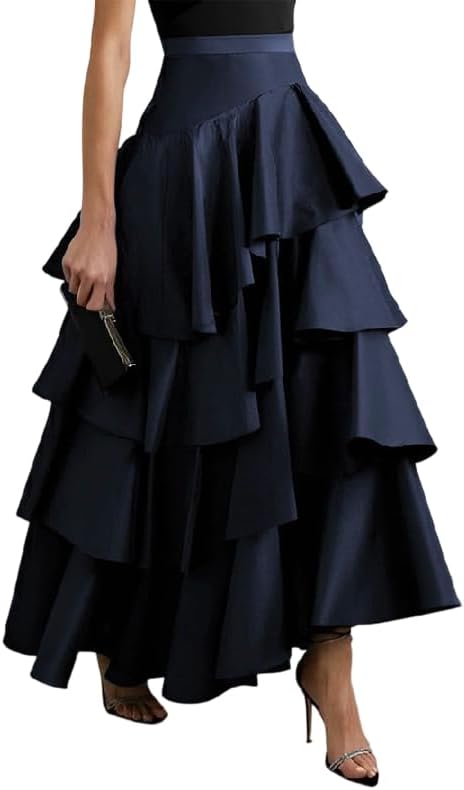 Women's Long Maxi Tiered Ruffle Skirt High Waist A Line Asymmetrical Hem Skirts for Women Casual Elegant Vintage Boho