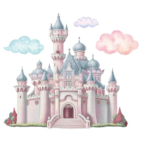 PLIGREAT Autocollants Muraux du Château de Princesse Sticker Mural avec Château de Fées en Nuage Aquarelle Grand Autocollant Mural Amovible en Vinyle pour...