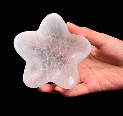AMOYSTONE White Selenite Bowl for Recharging Crystals Stones Hand Carved Flower Shaped 4