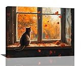 Spaexor Fall Cat Wall Art, Autumn Maple Leaf Pictures Wall Decor, Farmhouse Windows Animal Canvas Prints Painting, Framed Artwork for Bathroom Living Room Bedroom Office Kitchen Dining Room 16'x12'