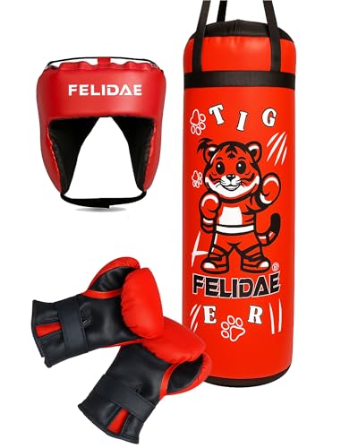 FELIDAE Kids Boxing Kit Set Pack of 4 | Punching Bag for Karate & Martial Arts | Bounce-Back Training Bag for Boys & Girls (Ages 5-13) (Boxing KIT RED)