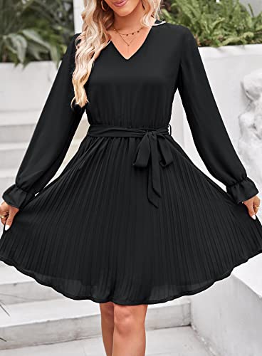 Prettygarden Women's Casual Spring Dresses Long Puff Sleeve V Neck Pleated Ruffle Flowy Belted Dress (Black,X-Large) #TOP2