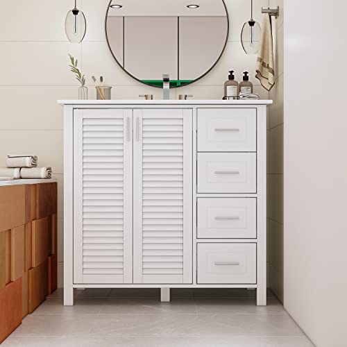 ECACAD Freestanding Bathroom Vanity Storage Cabinet with Ceramic Sink, 2 Louver Doors, 4 Drawers & Large Storage Compartments, White (34.4”L x 19.9”W x 34.2”H) ECACAD Freestanding Bathroom Vanity Storage Cabinet with Ceramic Sink, 2 Louver Doors, 4 Drawers & Large Storage Compartments, White (34.4”L x 19.9”W x 34.2”H)