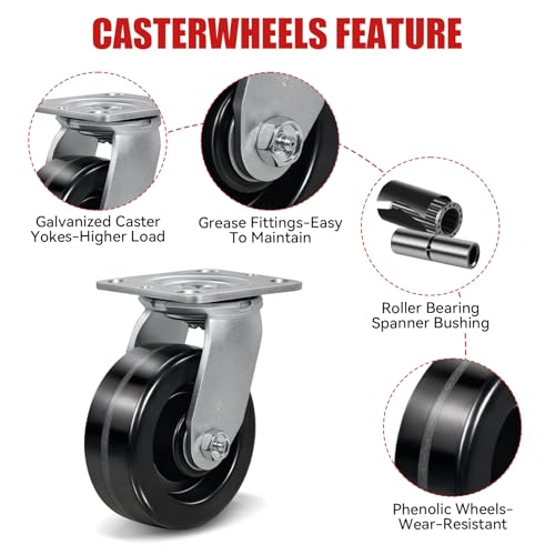 CWfutureparts Caster Wheels 5" x 2" Heavy Duty Industrial Casters, 4 Swive, Black Non-Marking Phenolic Wheel, Load Capacity 4000 lbs. per Set (4-Pack) by CWfutureparts - Image 3