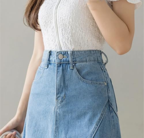 Women Patchwork Lace Skirt Hollow Out Jean High Waist Skirt Zipper Midi Denim Skirt3