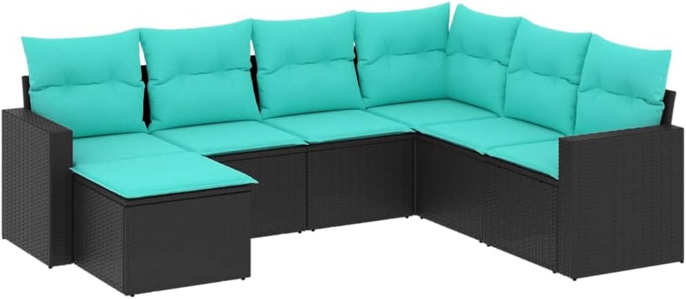 vidaXL Patio Sofa Set with Cushions - 7 Piece, Modular Black Poly Rattan Outdoor Furniture for Garden, Terrace, Patio - Removable Covers