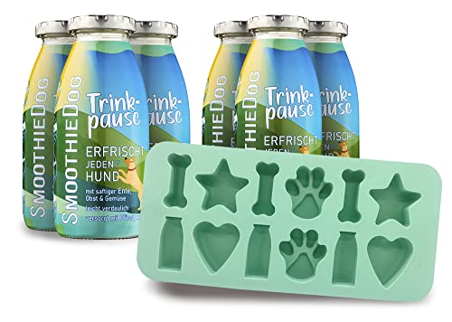 SmoothieDog Eiswürfelform aus Silikon + 6x Trinkpause (Ente) je 250ml Hundesmoothie - Hundeeis selber machen - BPA-frei, Eisform, Herz, Stern, Pfote, Knochen, Eiswürfelform, Hundekekse backen