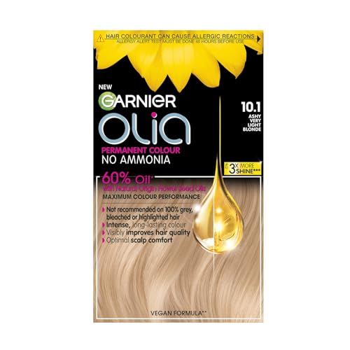 Garnier Olia Teinture pour les Cheveux Blond Cendré Permanent, Couverture des Cheveux Gris jusqu'à 100%, sans Ammoniaque pour un Parfum Agréable, 60% d'huiles - 10,1 Blond Cendré Très Clair