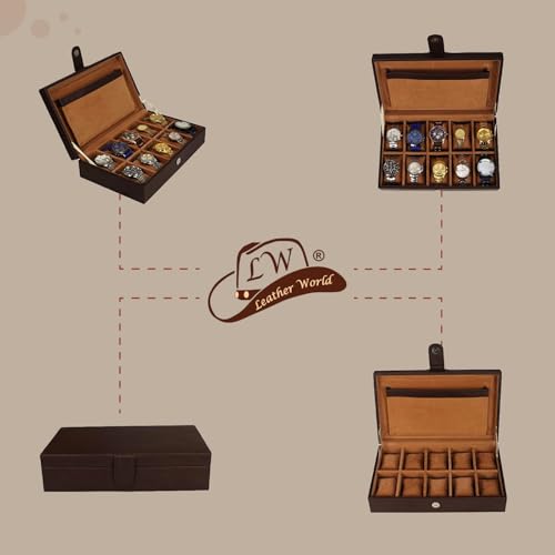 Image of Leather World Faux Leather Watch Box Organizer - Watch Case Box Men - Watch Organizer Storage Tray Women - Wrist Watch Holder 10 Slots - Sleek And Display Case - Brown