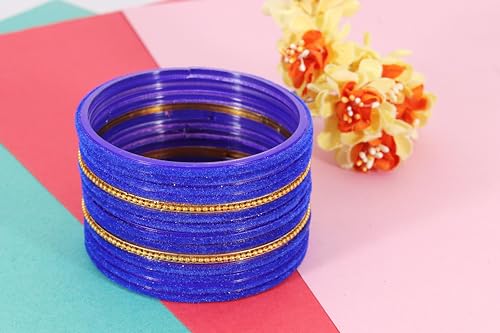 Image of NMII Glass Bangles For Women and Girls with Velvet and Golden Ballchain Linked | Plain Glass Bangles | Velvet Chudi Set | Bangles For Women | Stylish Glass Chudi Bangles- Set of 28