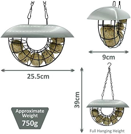 Half Moon Bird Feeder with 6 Pre-Filled Suet Balls Included - Galvanised Steel Outdoor Hanging Feeders for Garden Birds with Plastic Roof - Attracting Finches, Robins, Sparrows & many more Wild Birds