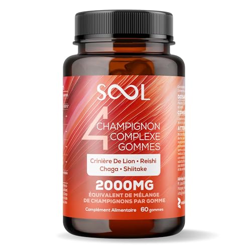SOOL 4 Mushroom Complex Gummies 2000mg, 60pcs: Chaga, Reishi, Shiitake, Lions Mane Supplement | Nootropics Mushroom Gummies High Strength | Memory & Focus, Energy, Immunity Booster Mushroom Supplement