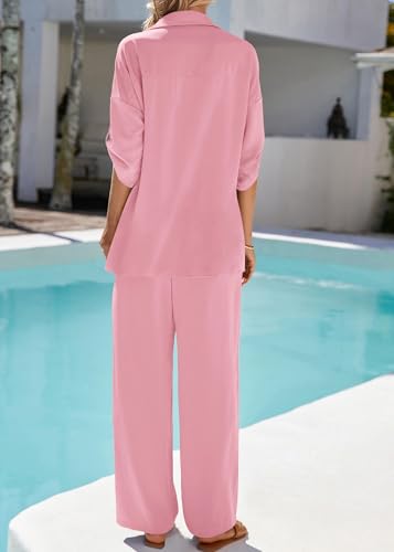 KIRUNDO Two Piece Sets for Women Spring Outfits 2026 Summer Fall Dressy Casual Button Down Shirt Wide Leg Pants Lounge Set(Pink, Medium) — view 2