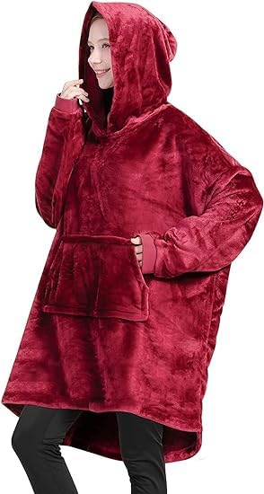 Oversized Blanket Hoodie Giant Sweatshirt Ultra Plush Fleece with Soft Sherpa Reversible Warm Comfy Wearable Hooded Throw for Girls Boys Kids Big Pocket Pink