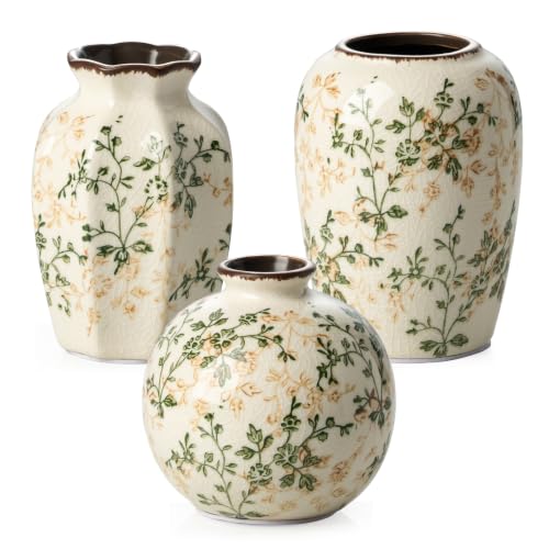 Image of Ceramic Flower Mini Vase for Decor | Vintage Small Green Rustic Vases, Farmhouse Room Decor Vase for Home, Coffee Table, Bookshelf, Centerpieces and Dinner Room, 3.8+4.6+4.7 inch Set of 3
