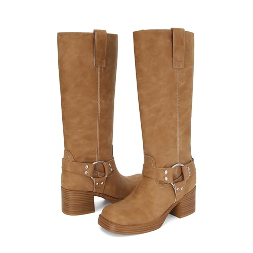 Women's Knee High Riding Boots Round Toe Block Heel Fashion Motorcycle Booties Side Zipper Wide Calf Biker Riding Boots with Studs2