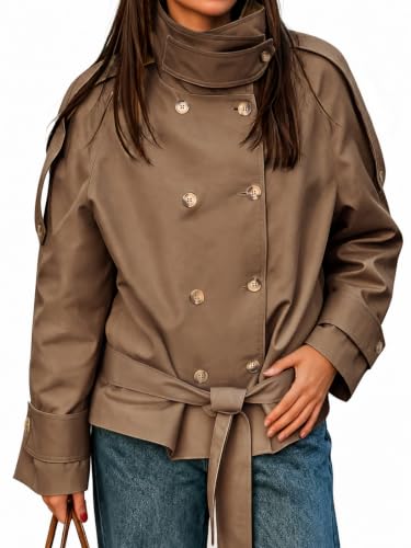 Cicy Bell Womens Short Trench Coats Double Breasted Casual Belt Fall Jacket