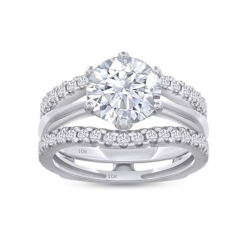 SAVEARTH DIAMONDS 2.5 Cttw Center 7.5MM Round Moissanite Diamond Solitaire Engagement Ring Set With Curved Enhancer Guard for Her in 10K or 14K Solid Gold Jewelry (VVS1 Clarity)