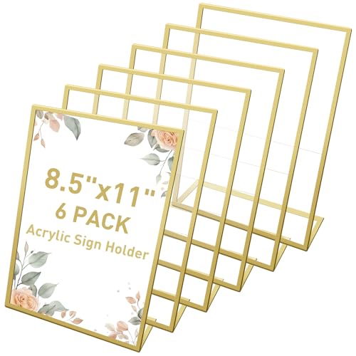 lonllidin 6 Pack Acrylic Sign Holders 8.5 x 11'' Clear Plastic Sign Display Stand Slanted Back Sign Holders with Gold Frame Table Menu Display Stand for Restaurant,Office,School,Store and Home Use