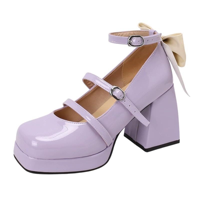 JKaur® Women’s Sandal Thick Bottom Heel Patent Leather PU Upper Soft Rubber | Purple - 48