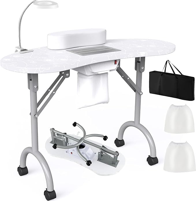 Nightcore Nail Table, Portable Nail Table with Bendable LED Light & Tote Bag, Foldable Nail Table with Electric Dust Collector & 4 Lockable Wheels, Nail Salon Table with Removable Hand Mat (Pink)