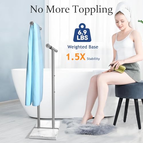 Kayfia 40\" Standing Towel Rack with Weighted Marble Base, Width Adjustable & Taller Bathroom Towel Rack Stand, 2-Tier Towel Racks for Bathroom, Multiple Spaces Stainless Steel Brushed Finish