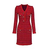 Alloaone Delikatesse French Style Lady Cloth V-Ausschnitt Langarm Frauen Knit Tweed Bodycon Minikleid Red M