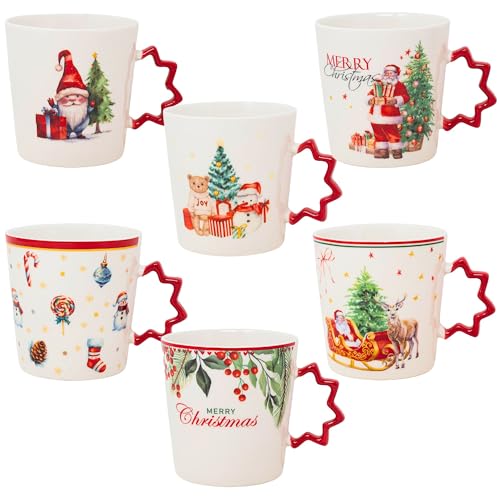 NAMAI - Set di 6 Tazze Natalizie, 385 ML, Porcellana Resistente, Adatte In Lavastoviglie e Microonde, Eleganza Natalizia, Tazze Colazione, Idea Regalo (6 Mug Natale)