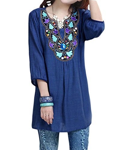 KafeimaliWomen's Casual Embroidery Bohemian Cotton Tops Shirt Tunic Blouse