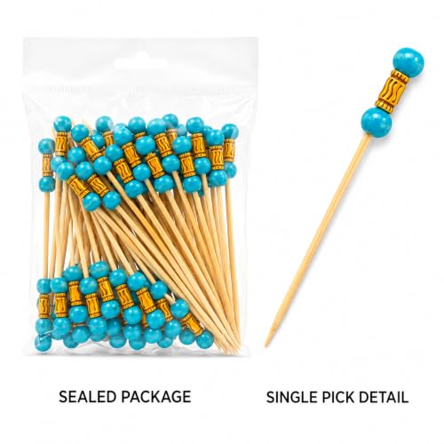 Image of Somani Decorative Bamboo Cocktail Picks Turquoise Bead | Double Ball Topper Fancy Food Picks for Appetizers, Drinks & Garnish | Cafe, Lounge, Bakery, Catering & Home Entertaining | Pack of 100