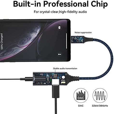 Bphuny USB C to 3.5mm Headphone and Charger Adapter, 2-in-1 USB C to AUX Mic Jack with PD 60W Fast Charging for Stereo, Earphones,Compatible with Galaxy S22/Note20, Pixel 6/5, lPad Pro 2021